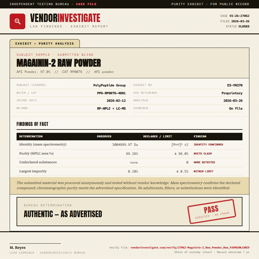 Magainin-2 Raw Powder Purity (HPLC) report by VendorInvestigate